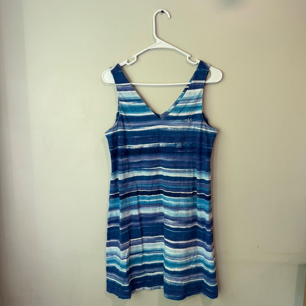 Lauren Ralph Lauren Womens Blue Striped V-Neck Sleeveless Shift Dress Medium